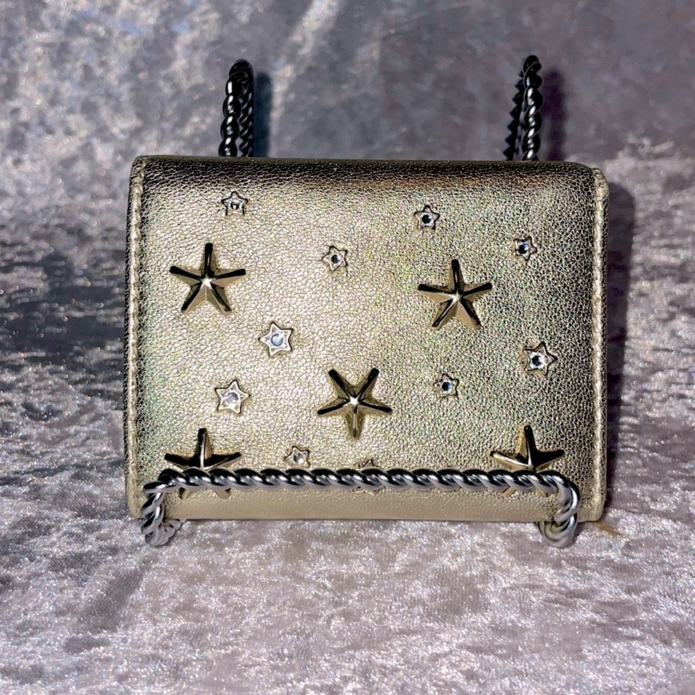 New Jimmy Choo Nemo Star Stud Crystal Leather Tri-fold Snap Wallet Metallic Gold - Picture 3 of 13